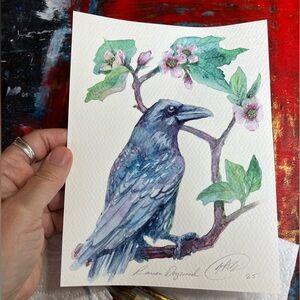 Original raven painting dogwood floral art NEW watercolor home decor Artettina